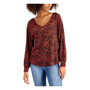 WILLOW DRIVE Womens Black Printed Cuffed Scoop Neck Top Size: S